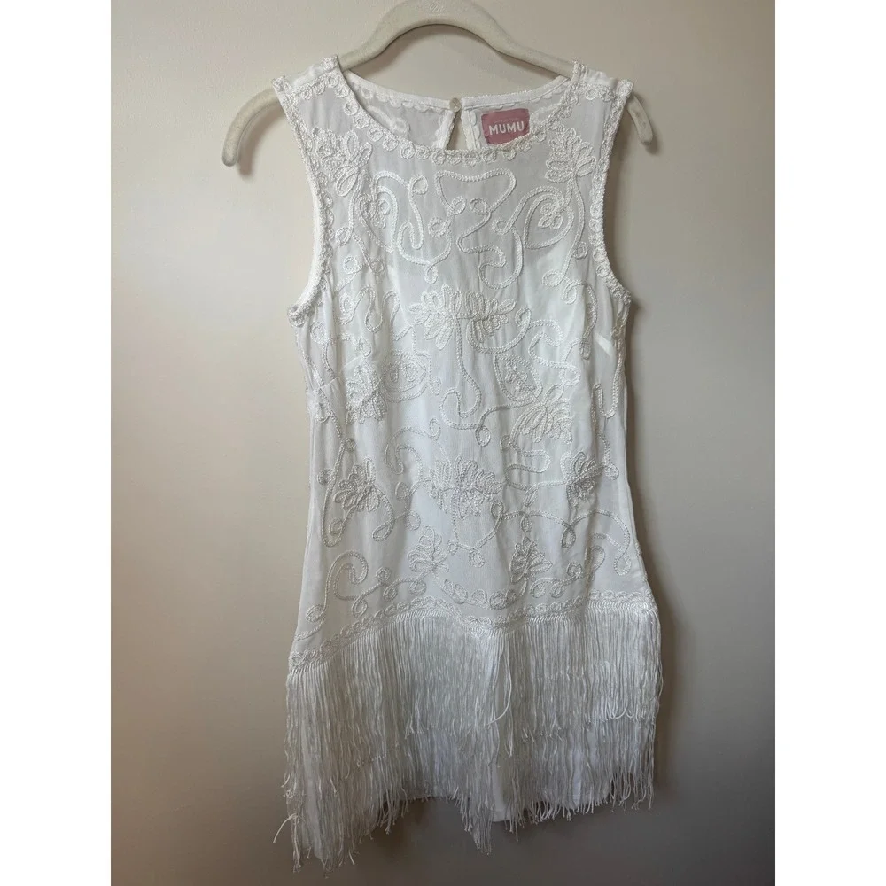 Show Me Your Mumu White Embroidered Fringe Mini Dress Sleeveless Flapper Bridal - Picture 4 of 5